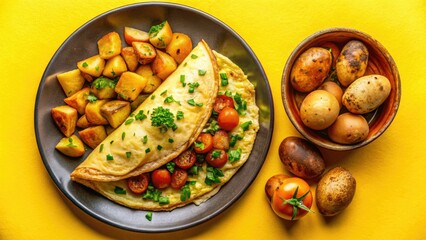 Panoramic Omelette Potatoes Yellow Background Food Photography Delicious Breakfast Recipe