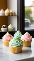 Delicious Assortment of Cupcakes Adorned with Pastel Frosting and Decorative Pearls, Creating a Visually Appealing and Tempting Array of Baked Treats.