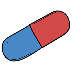 Hand drawn cartoon capsule pill on a white background.
