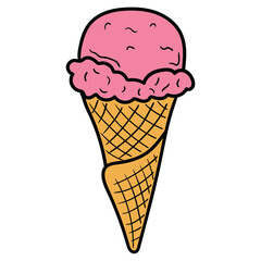 Hand drawn cartoon ice cream in waffle cone on white background.