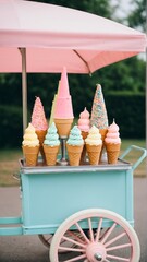 A whimsical ice cream cart with a colorful array of frozen treats, perfect for a sunny day and delightful indulgence.