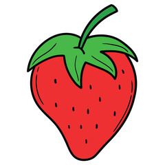 Hand drawn cartoon red strawberry with green leaf on white background.
