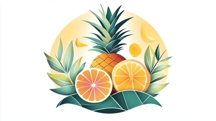 Naklejka premium Colorful Tropical Fruit Composition with Pineapple, Oranges, and Green Leaves on a Bright Background
