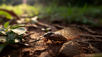 Obraz premium A Cicada on the ground, with its wings partially open and sunlight illuminating the fine textures. The background is a mix of green foliage and brown dirt.