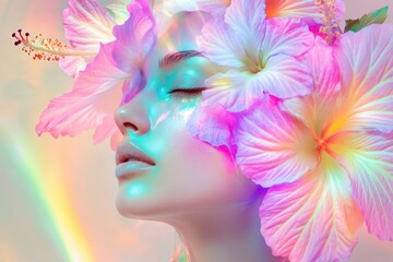 Naklejka premium A serene face adorned with blossoms, bathed in soft light, evoking beauty and tranquility.