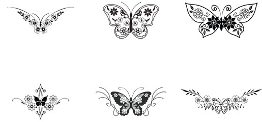 Floral butterfly unique hand drawn line art silhouette vector set design