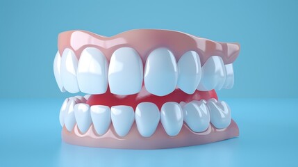 Obraz premium 3D Render. Perfect Teeth, Human Teeth, Dental Treatment Concept, Close-Up View. On A Blue Background