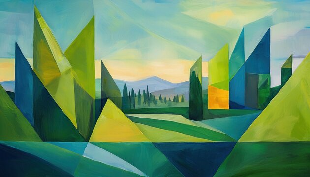 Stylized Mountains And Trees In Vibrant Palette