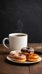 A Warm Cup of Coffee with Stacked Delightful Donuts, a Delicious Combination for a Wonderful Morning Indulgence.