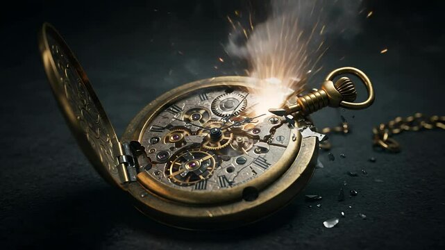 Exploding Antique Pocket Watch with Gears and Sparks in Dramatic Studio Shot