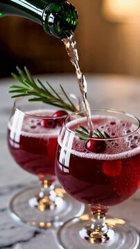 Pouring Cranberry-rosemary prosecco cocktail on white marble.  Christmas cocktail.