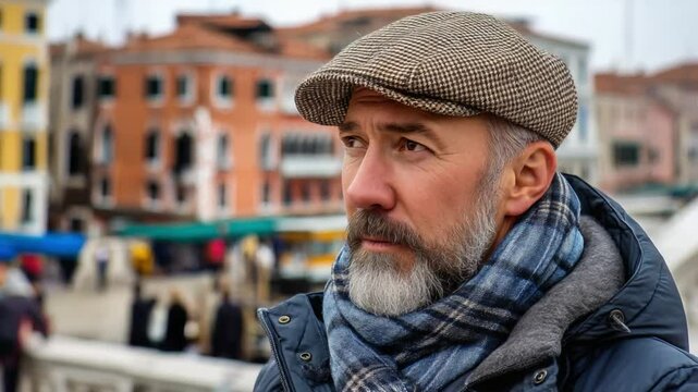 The Contemplative Traveler in Venice: A thoughtful traveler, donned in a flat cap and scarf, stands on a bridge overlooking the scenic cityscape of Venice.