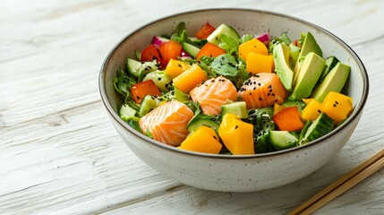 Vibrant Hawaiian Poke Salad with Salmon, Avocado and Fresh Vegetables in a Rustic Bowl on a White Wooden Background With Copy Space and Chopsticks Horizontal Orientation
