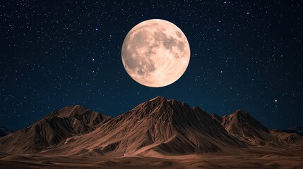 Glowing full moon over majestic mountain landscape at night starry sky nature photography