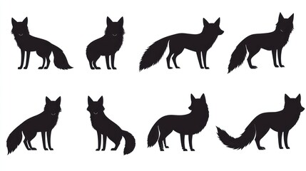Obraz premium Fox silhouettes, various poses, white background, wildlife illustration