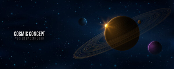 Naklejka premium Galaxy background with planets and sunlight against the backdrop of shining stars. Planet Saturn with ring around. Starry night sky. Abstract deep cosmos. Black outer space. Vector illustration