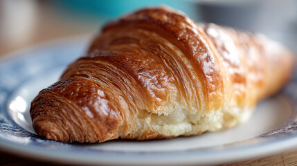 closeup of freshly baked croissant on white plate showing golden flaky layers and crisp texture, appetizing bakery food captured in natural lighting with focus on delicious detail and gourmet appearan