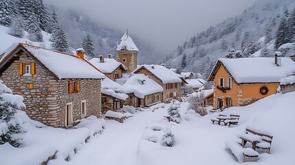Snowy Alpine Village Winter Scene.