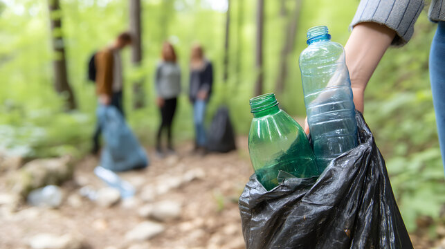 Close up of hands with plastic bottle with group of young people friends volunteers collecting plastic bottles