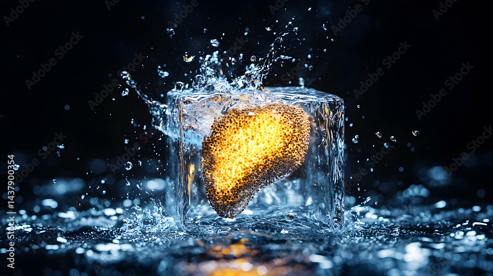 Poster an artistic image showing a glowing object inside an ice cube with water splashing around. ideal for