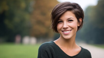 Woman smiling outdoors in park, portrait, relaxed, casual wear, great for social media or lifestyle articles