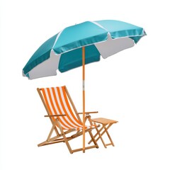 Beach chair, table, and umbrella on white