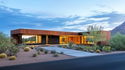 Obraz premium A sleek, minimalist desert home with a focus on natural materials and open spaces, offering a luxurious yet unpretentious atmosphere