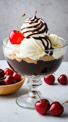 Decadent cherry sundae: a delightful dessert consisting of ice cream, hot fudge, whipped cream, and topped with a bright red cherry.
