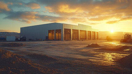 Fototapeta premium Partially built warehouse structure with dirt ground and sunset lighting, creating serene