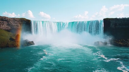 Majestic waterfall plunging from tall rocks niagara falls nature photography misty environment aerial view scenic beauty