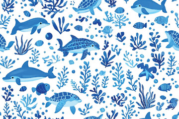 eamless repeating pattern with underwater creatures like dolphins, fish, and sea turtles, illustrated in a minimalist style with vibrant blue tones on a white background