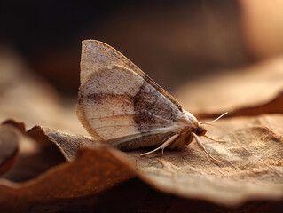 Obraz premium A close-up of a moth perched on a dry leaf, its wings covered in fine, soft scales. The natural sunlight creates a beautiful contrast between the brown leaf and the moth's muted tones.