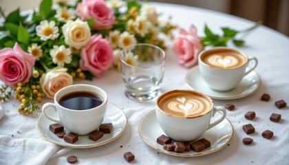 Elegant table setting featuring aromatic coffee, creamy chocolate, and fresh flowers