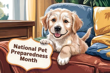Adorable Golden Retriever Puppy Celebrates National Pet Preparedness Month on a Cozy Couch with Warm
