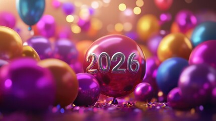 Fototapeta premium Celebration scene with bouncing colorful balloons and glowing silver floating in the air