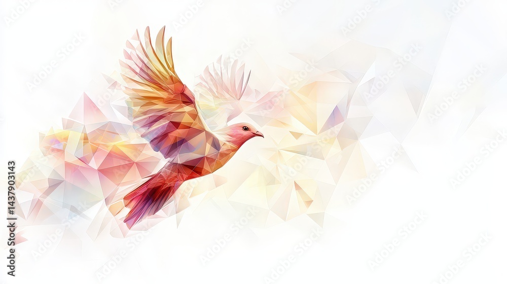 Poster abstract polygonal bird in flight, formed by floating angular shapes in soft tones