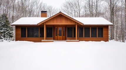 Serene winter retreat cozy cabin in the snowy woods landscape photography tranquil environment wide angle view