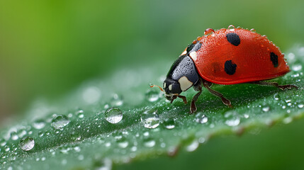 Fototapeta premium A close-up of a vibrant ladybug resting on a dew-covered green leaf, the droplets sparkling in the soft morning light. Its red shell contrasts beautifully against the green background.