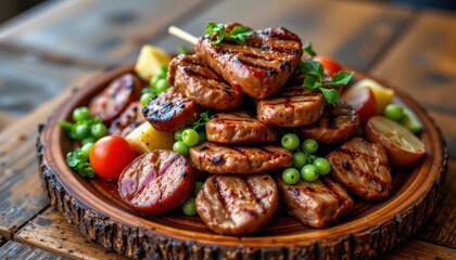 Rustic wooden plate stacked with grilled meats and vegetables, celebrating robust flavors and summer outdoor dining culture.