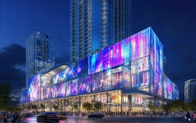 Modern illuminated city complex at night