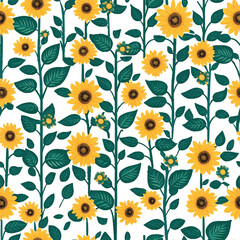 Vibrant sunflower fields in full bloom, contrasting bright yellow petals with green leaves and stems, seamless pattern.Sunflower seamless pattern on a white background. 