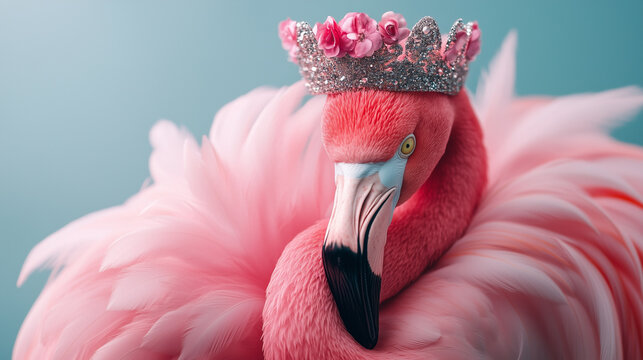 postcard pink famingo, skornoy and hat, birthday,A cute pink flamingo wearing a party hat surrounded by pastel flowers on a soft pink background. Festive and whimsical atmosphere, perfect for celebrat