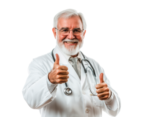 Senior doctor giving a thumbs up with a friendly smile isolated on transparent background