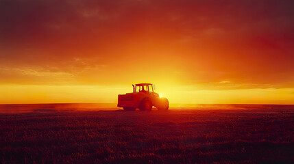 Fototapeta premium silhouette of tractor against vibrant sunset sky, creating serene atmosphere