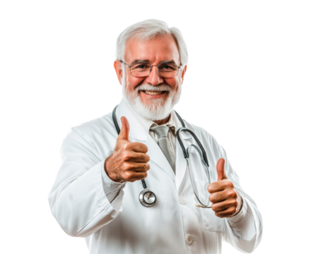 Senior doctor giving a thumbs up with a friendly smile isolated on transparent background