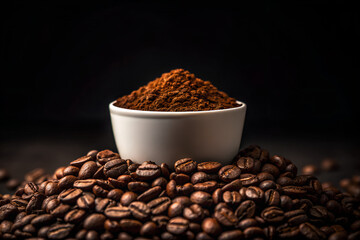 Fresh Ground Coffee in White Ceramic Cup with Roasted Coffee Beans on Dark Background