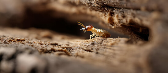 A close-up shot of a termite tunneling into a wooden surface. Its legs and body are captured in detail as it burrows through the wood, leaving a small trail.