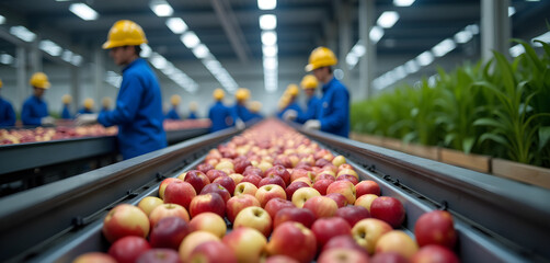 A large group of people in a factory with a conveyor belt full of apples.