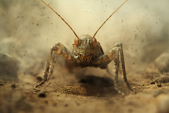 A cricket camouflaged in the dirt, only its long antennae and legs visible. The earthy tones of the background blend perfectly with the insects body.
