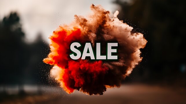 Bold sale announcement over a burst of red and grey smoke against a blurred background